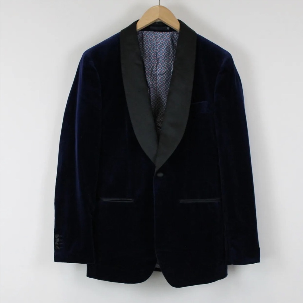 SUITSUPPLY Lazio 38R Men Suit Velvet Shawl Blue Tuxedo 2-Piece Pure Cotton